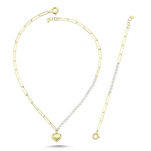 Koçak 14k Heart Shaped Gold Set with Pearls 14SET761